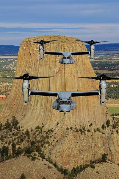 A pair of U.S. Marine Corps Bell Boeing MV-22B Ospreys of the VMM-363 “Red Lions” at Devils Tower, Wyoming. This photo by Ted Carlson was an honorable mention in the 2013 Vertical Photo Contest.: