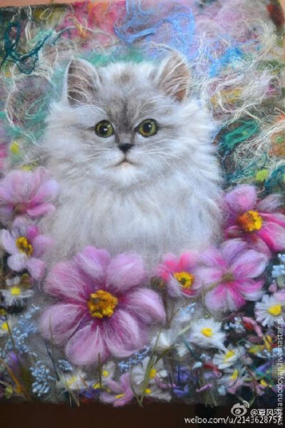 分享达人的#羊毛毡#画，这样的一副画做成画框挂起来很漂亮又独特啊，#猫咪#好传神