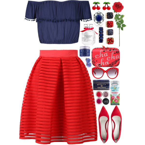 A fashion look from January 2016 featuring crop top, skater skirt and flat shoes. Browse and shop related looks.