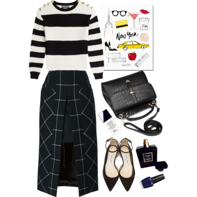 A fashion look from February 2016 featuring slim shirt, double layer skirt and black skimmer. Browse and shop related looks.