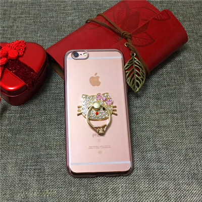 Hello kitty镶钻iphone6s plus 透明镀金带指环手机保护套