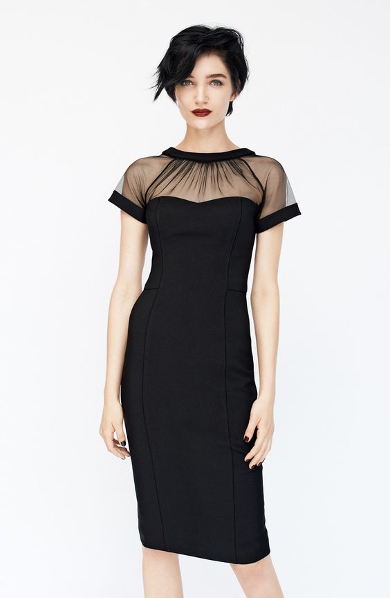 The sheer gathered neckline on this black sheath dress is gorgeous.: