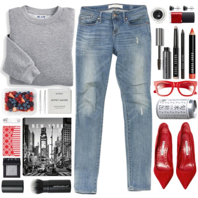 A fashion look from February 2016 featuring Blair sweatshirts, slim fit jeans and sterling silver stud earrings. Browse and shop related looks.
