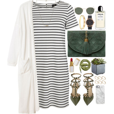 A fashion look from February 2016 featuring striped dress, long cardigan and valentino shoes. Browse and shop related looks.