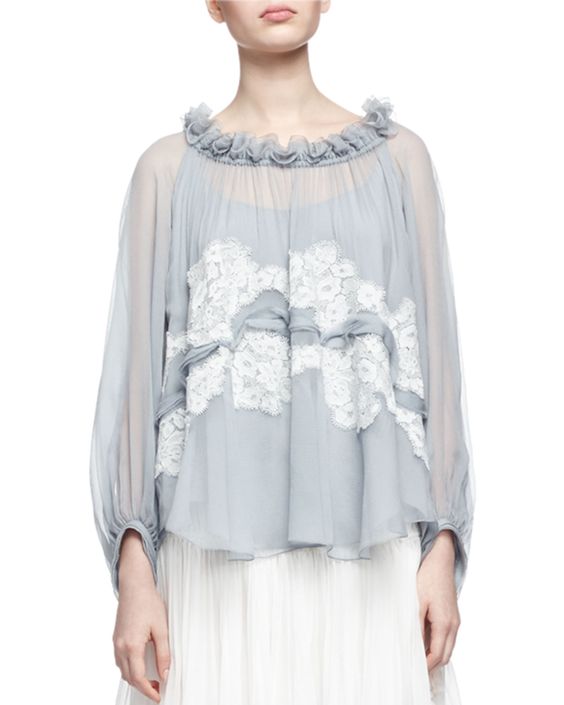 Lace-Trimmed Ruffled-Neck Blouse: