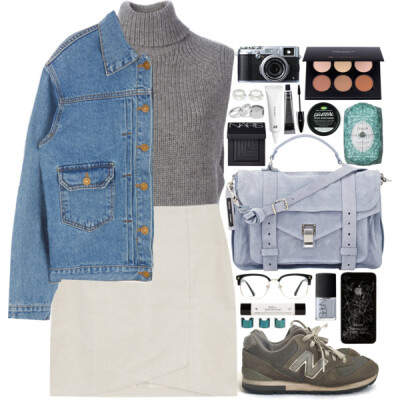 A fashion look from March 2016 featuring grey sweater, denim jacket and short skirts. Browse and shop related looks.