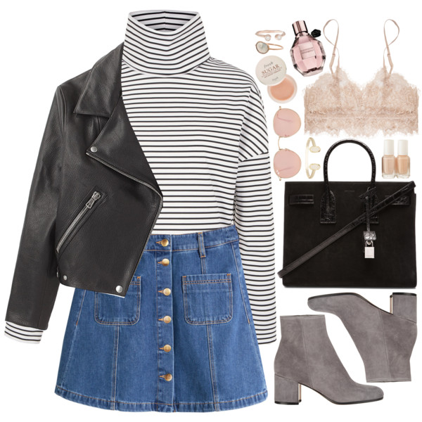 A fashion look from February 2016 featuring white crop top, leather motorcycle jacket and mini skirt. Browse and shop related looks.