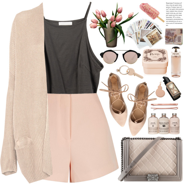 A fashion look from February 2016 featuring pink cardigan, high neck top and hot pants. Browse and shop related looks.