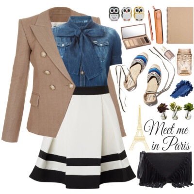 A fashion look from March 2016 featuring blue shirt, blazer jacket and skater skirt. Browse and shop related looks.