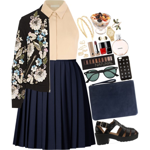 A fashion look from March 2016 featuring beige top, bomber style jacket and navy skirt. Browse and shop related looks.