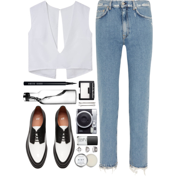 A fashion look from March 2016 featuring sleeveless tops, slim fit jeans and vegan shoes. Browse and shop related looks.