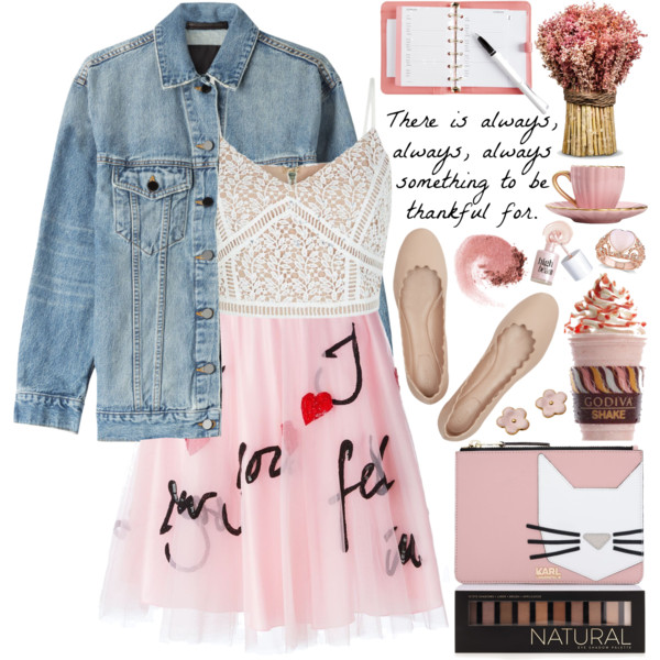 A fashion look from March 2016 featuring white lace top, denim jacket and pink skirt. Browse and shop related looks.