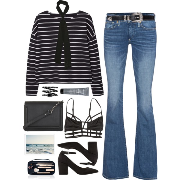 A fashion look from March 2016 featuring striped sweater, low rise jeans and pointed toe shoes. Browse and shop related looks.