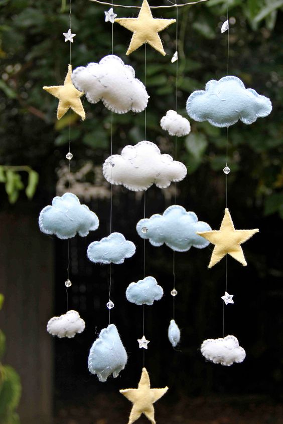 Blue and White Felt Clouds with Yellow Stars and Swarovski Crystals Mobile. $130.00, via Etsy.: