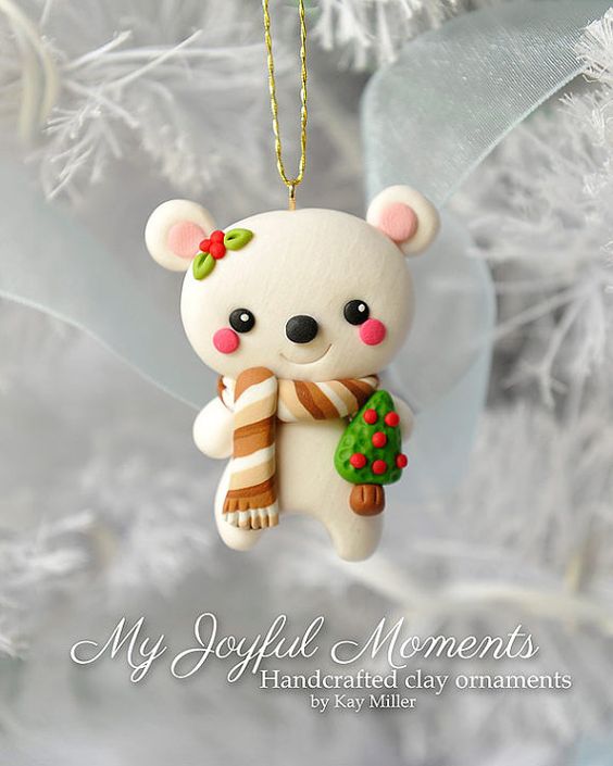 Handcrafted Polymer Clay Polar Bear Ornament: