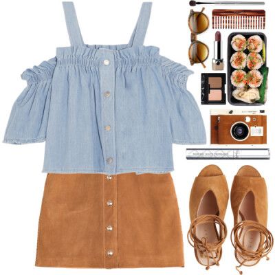 A fashion look from April 2016 featuring denim shirt, short skirts and suede shoes. Browse and shop related looks.