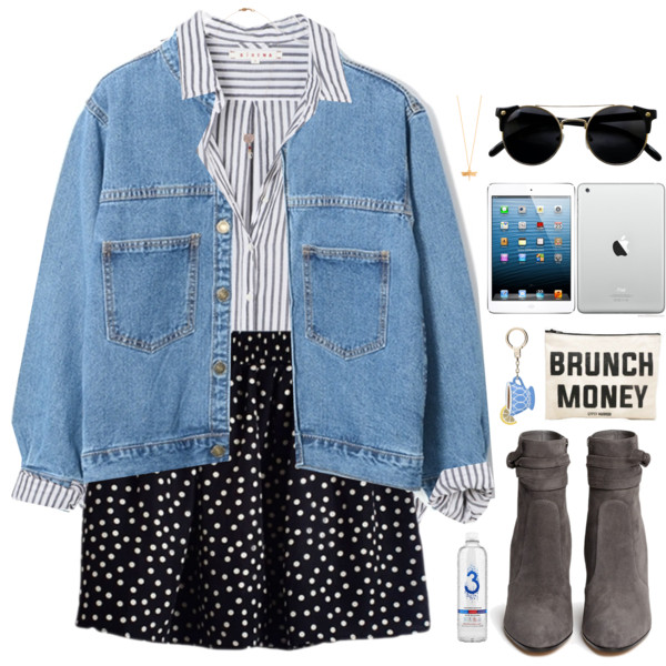 #miniskirts #PolkaDots #DenimStyle jacket: http://www.beautifulhalo.com/stand-up-button-down-long-sleeve-double-pockets-denim-coat-p-243087.html?track=tb10073 skirt: http://www.beautifulhalo.com/polka-dot-print-elastic-waist-chiffon-skater-skirt-p-228213.html?track=tb10073