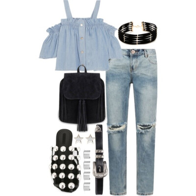 A fashion look from April 2016 featuring off shoulder tops, destructed boyfriend jeans and alexander wang sandals. Browse and shop related looks.