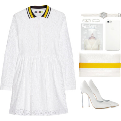 A sporty and preppy look with a hint of ladylike #white #lace #yellow #pumps #style #event