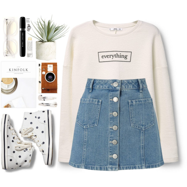 A fashion look from April 2016 featuring cotton sweatshirt, denim mini skirt and keds sneakers. Browse and shop related looks.