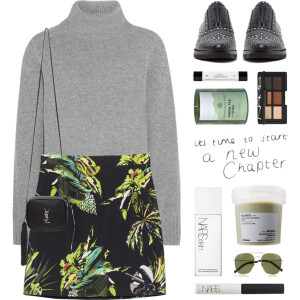 A fashion look from April 2016 featuring grey sweater, high-waisted skirts and slip on shoes. Browse and shop related looks.