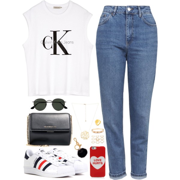 A fashion look from April 2016 featuring white vest, high waisted jeans and white shoes. Browse and shop related looks.