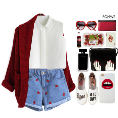 Shorts: http://www.romwe.com/Strawberry-Embroidered-Cuffed-Denim-Shorts-p-112433-cat-680.html?utm_source=polyvore&amp;amp;utm_medium=contest&amp;amp;url_from=SKU:RSHO150518153 #romwe #summer #spring #…