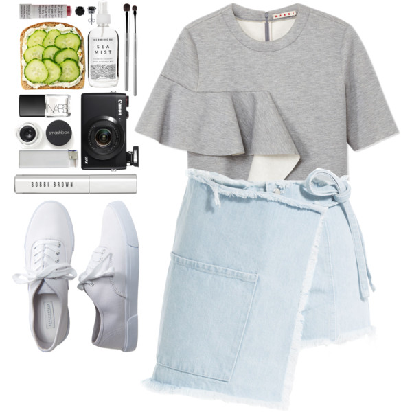 A fashion look from April 2016 featuring short sleeve sweatshirts, denim skirt and flat shoes. Browse and shop related looks.