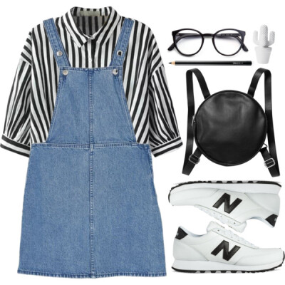 A fashion look from April 2016 featuring white and black striped shirt, New Balance and silver bag. Browse and shop related looks.