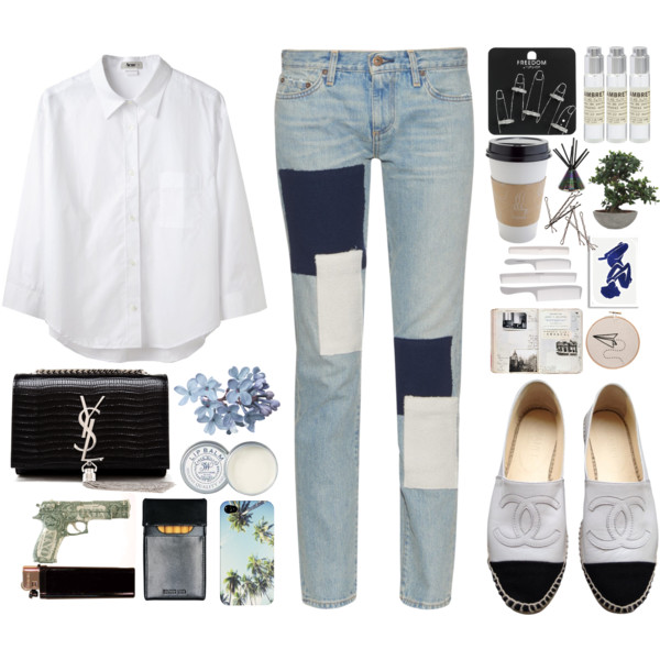 A fashion look from April 2016 featuring white button up shirt, vintage jeans and chanel flats. Browse and shop related looks.