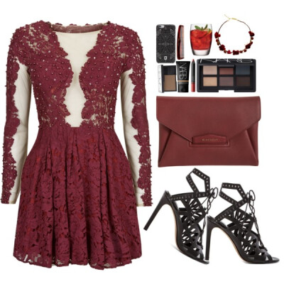 A fashion look from September 2015 featuring lace cocktail dress, laced sandals and burgundy handbag. Browse and shop related looks.