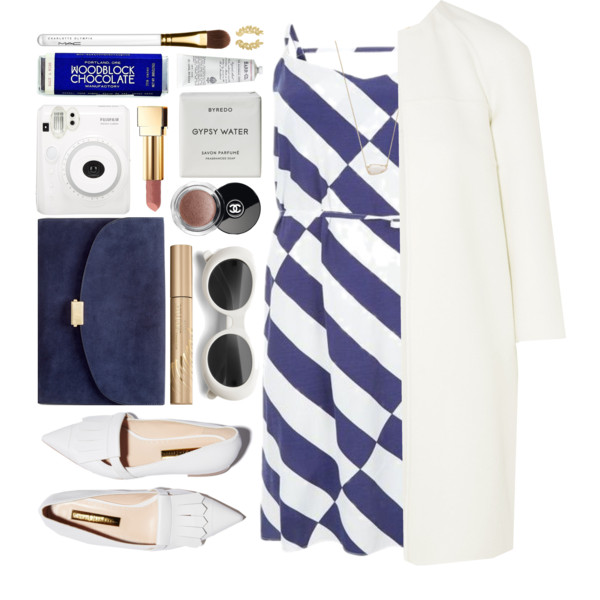 A fashion look from April 2016 featuring tie waist dress, white woolen coat and blue suede handbag. Browse and shop related looks.