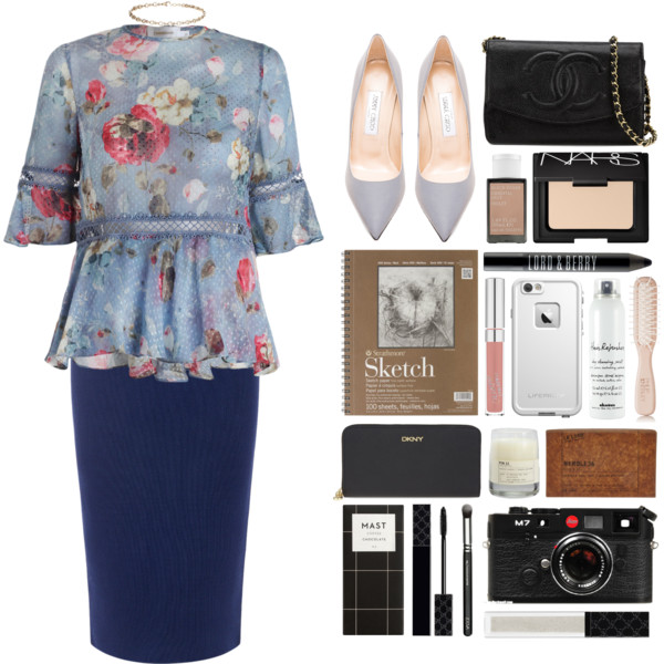 A fashion look from May 2016 featuring blue polka dot top, tube skirt and jimmy choo pumps. Browse and shop related looks.