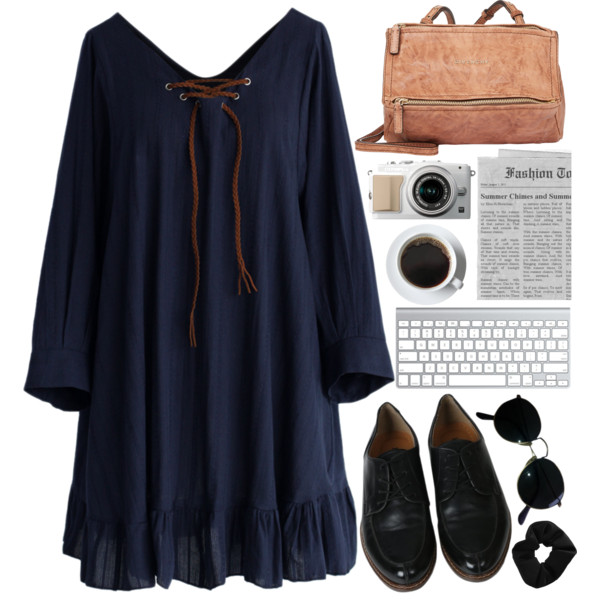 A fashion look from May 2016 featuring navy dress, flat shoes and brown bag. Browse and shop related looks.