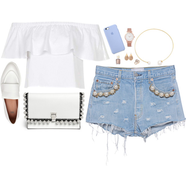 A fashion look from May 2016 featuring white top, blue shorts and vegan shoes. Browse and shop related looks.