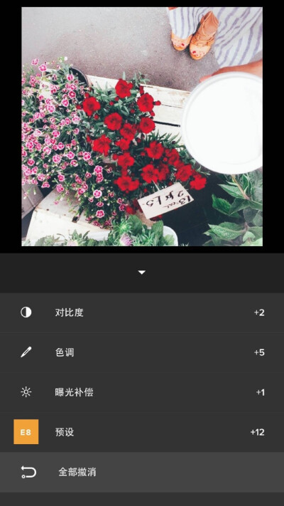 VSCO 复古红调色步骤：滤镜E8+12曝光补偿+1色调+5对比度+2详见图学走点赞