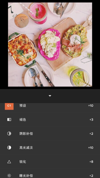 VSCO 食物调色步骤：滤镜C1+10曝光补偿+2锐化+8高光减淡+10阴影补偿+2褪色+3详见图学走点赞