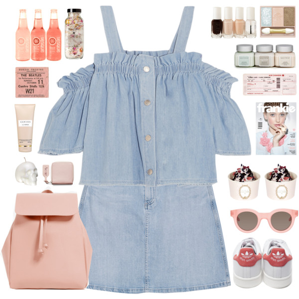 A fashion look from May 2016 featuring denim shirt, high-waisted skirts and pink backpack. Browse and shop related looks.