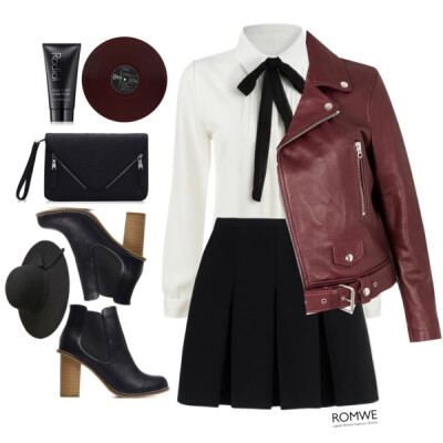  Blouse-http://www.romwe.com/White-Tie-neck-Long-Sleeve-Slim-Blouse-p-147928-cat-670.html?utm_source=polyvore&amp;amp;utm_medium=set&amp;amp;url_from=credentovideos Hat-http://www.romwe.com/Black-Wid…