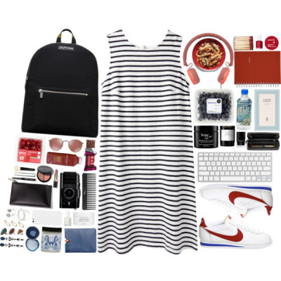 A fashion look from May 2016 featuring stripe dress, nike footwear and canvas rucksack. Browse and shop related looks.