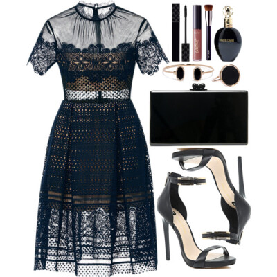 A fashion look from May 2016 featuring blue cocktail dress, black high heel sandals and edie parker handbags. Browse and shop related looks.