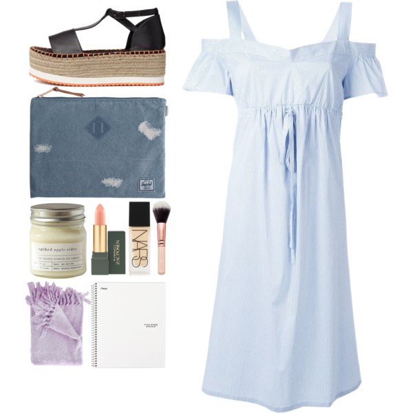 A fashion look from June 2016 featuring blue dress, heeled sandals and Herschel. Browse and shop related looks.