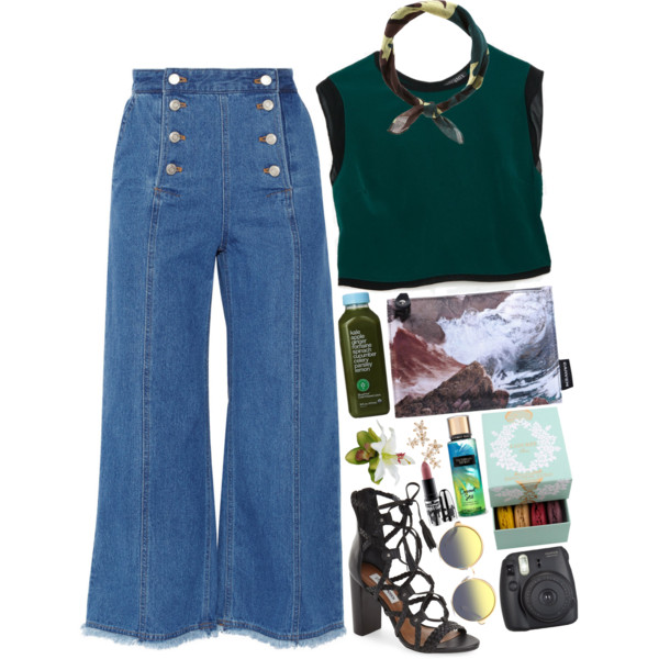 A fashion look from June 2016 featuring sleeveless tops, denim pants and lace up sandals. Browse and shop related looks.