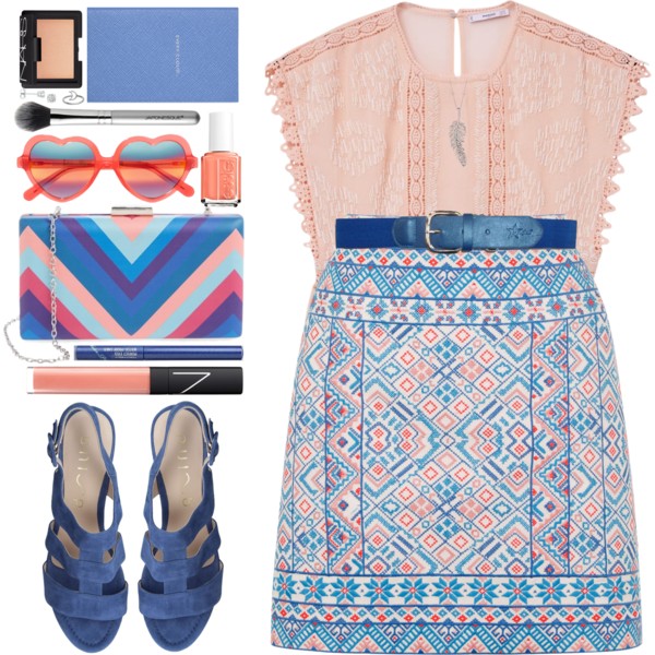 A fashion look from June 2016 featuring embroidered blouse, summer skirts and blue leather shoes. Browse and shop related looks.