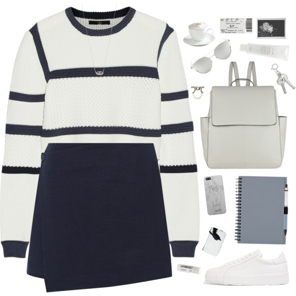 A fashion look from June 2016 featuring white crop sweater, ponte skirt and leather trainers. Browse and shop related looks.