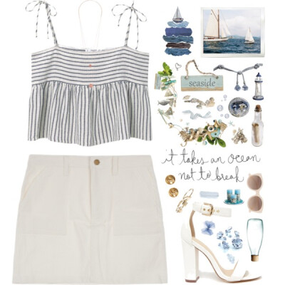 A fashion look from June 2016 featuring white sleeveless top, short mini skirts and white heeled sandals. Browse and shop related looks.