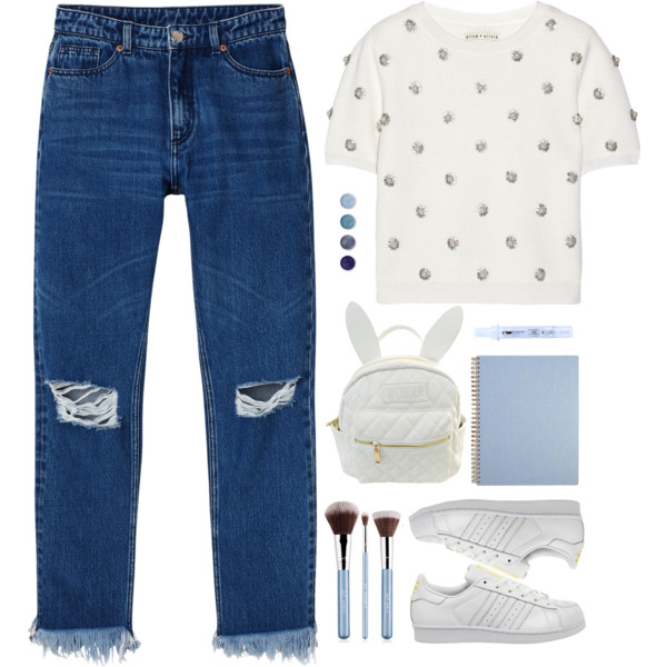 A fashion look from June 2016 featuring crop top, high waisted jeans and white sneakers. Browse and shop related looks.