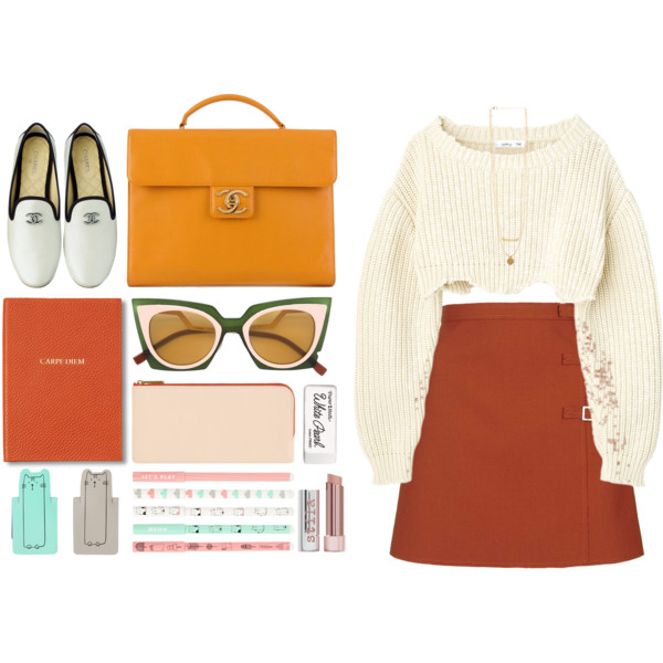 A fashion look from June 2016 featuring short brown skirt, gold metal necklace and 2 tone sunglasses. Browse and shop related looks.