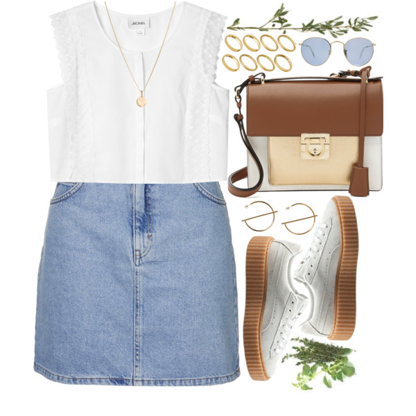 A fashion look from June 2016 featuring white crop shirt, high rise skirts and punk platform shoes. Browse and shop related looks.