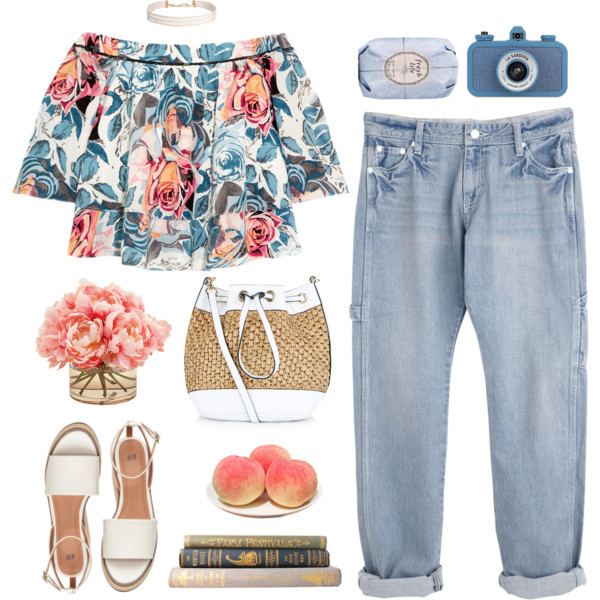 A fashion look from June 2016 featuring silk crop top, blue pants and ankle tie sandals. Browse and shop related looks.